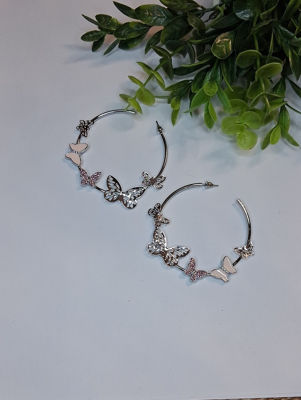 Silver Butterfly Statement Hoop Earrings with Pink Accents
